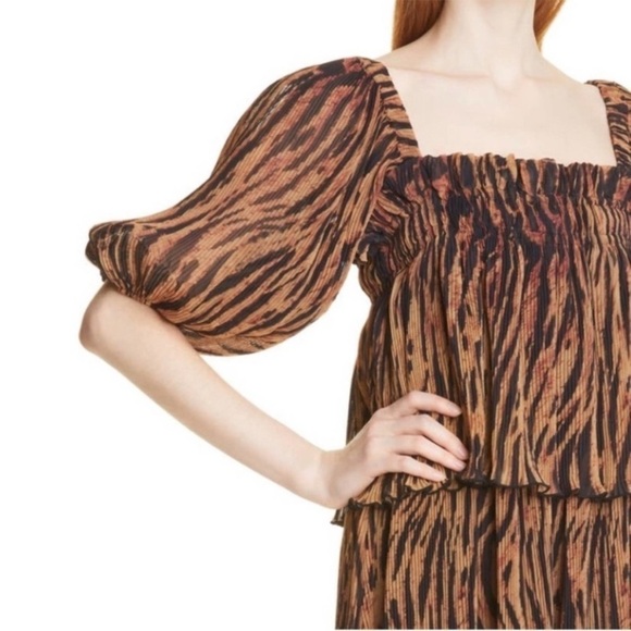 NWT GANNI Pleated Georgette Midi Dress Tigers Eye Size 36 US Size 4‎ Printed - Picture 6 of 17
